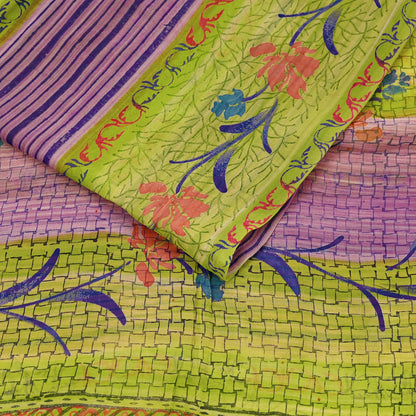 Indian Vintage Sari Green & Purple Pure Georgette Silk Printed Sarees Craft Fabric Sewing 6Yd Soft Sari Dress Making Crafting Quilting