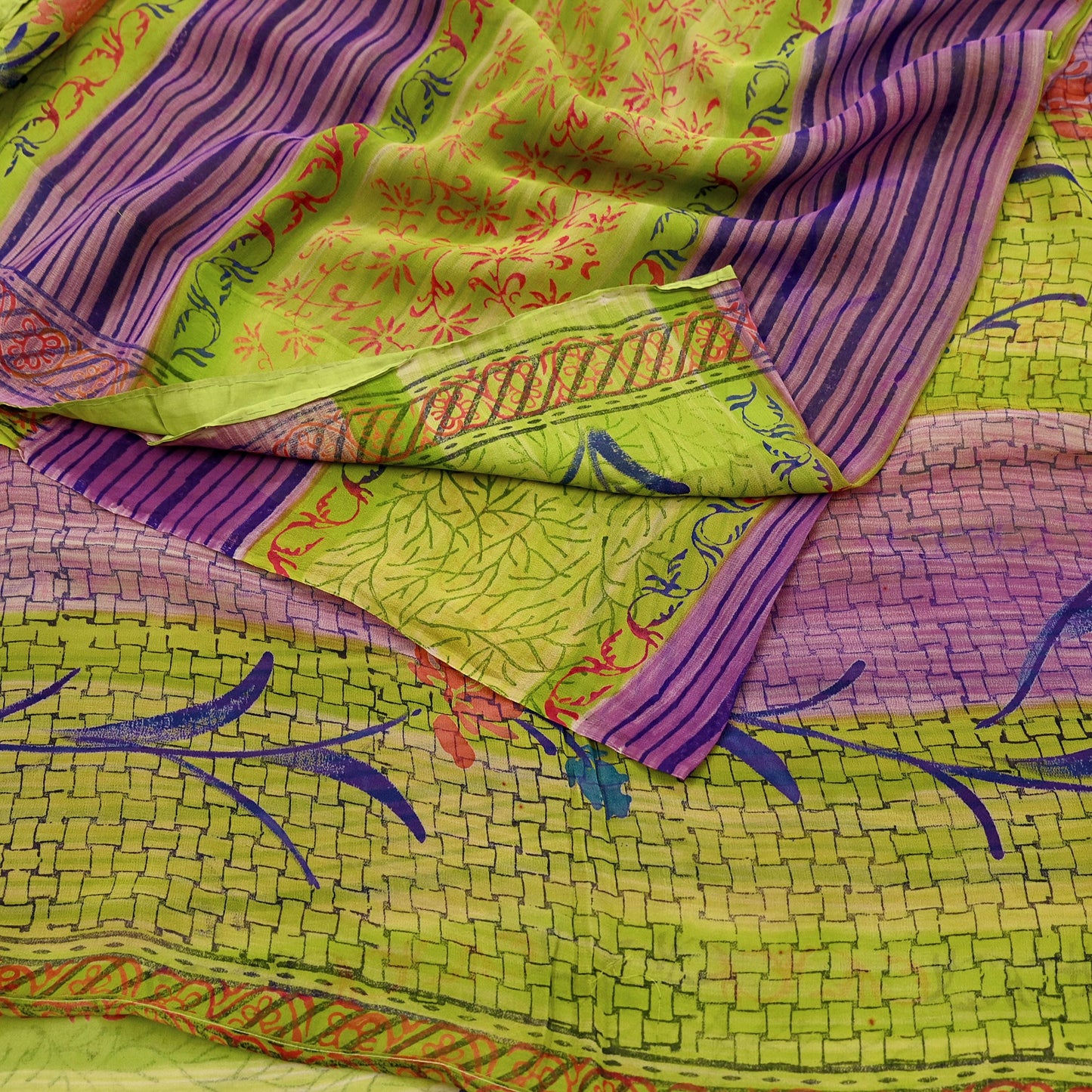Indian Vintage Sari Green & Purple Pure Georgette Silk Printed Sarees Craft Fabric Sewing 6Yd Soft Sari Dress Making Crafting Quilting