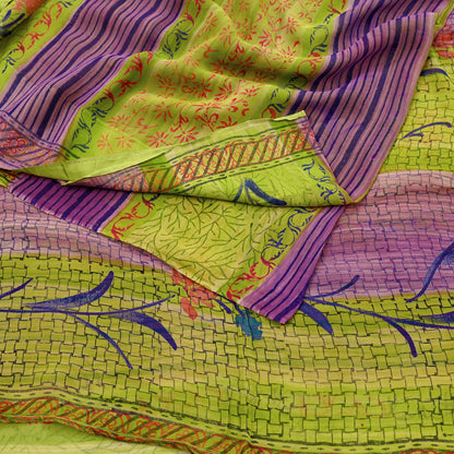 Indian Vintage Sari Green & Purple Pure Georgette Silk Printed Sarees Craft Fabric Sewing 6Yd Soft Sari Dress Making Crafting Quilting