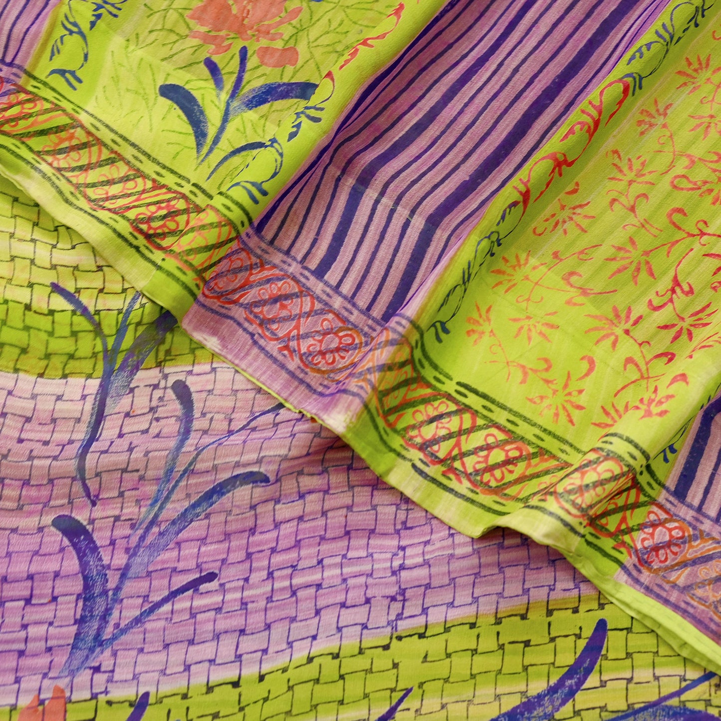 Indian Vintage Sari Green & Purple Pure Georgette Silk Printed Sarees Craft Fabric Sewing 6Yd Soft Sari Dress Making Crafting Quilting