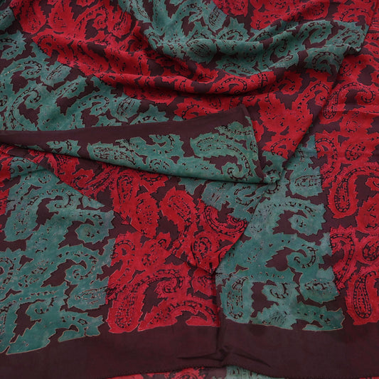 Indian Vintage Brown & Green Saree 100% Pure Georgette Silk Printed Sari Sewing 5yd Craft Soft Dress Designing for Crafting Floral