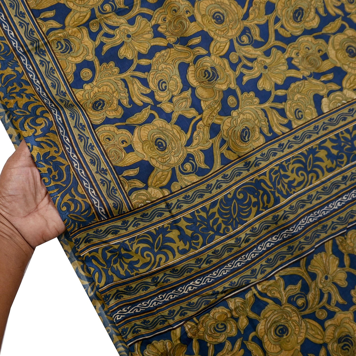 Indian Vintage Blue & Green Pure Silk Printed Saree 5 Yards Soft Floral Fabric for Dressmaking, Quilting, Crafting, Sewing,  Upcycling