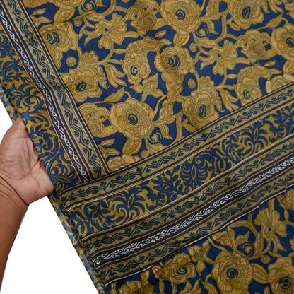 Indian Vintage Blue & Green Pure Silk Printed Saree 5 Yards Soft Floral Fabric for Dressmaking, Quilting, Crafting, Sewing,  Upcycling