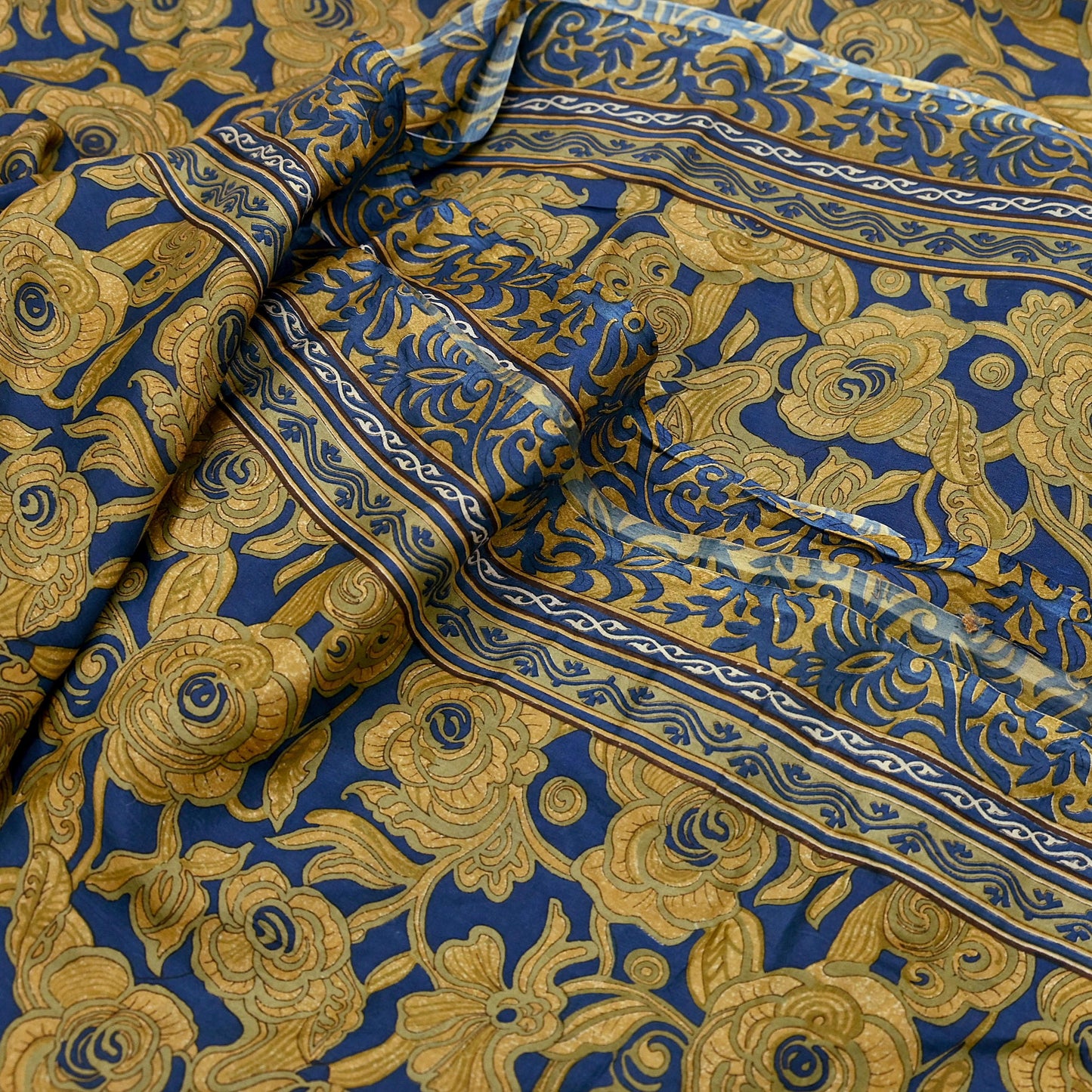 Indian Vintage Blue & Green Pure Silk Printed Saree 5 Yards Soft Floral Fabric for Dressmaking, Quilting, Crafting, Sewing,  Upcycling