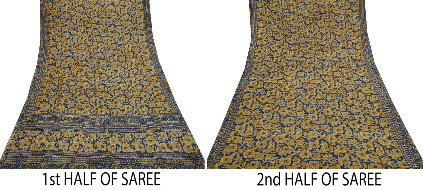 Indian Vintage Blue & Green Pure Silk Printed Saree 5 Yards Soft Floral Fabric for Dressmaking, Quilting, Crafting, Sewing,  Upcycling