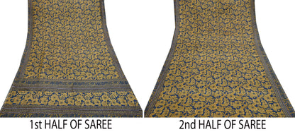 Indian Vintage Blue & Green Pure Silk Printed Saree 5 Yards Soft Floral Fabric for Dressmaking, Quilting, Crafting, Sewing,  Upcycling