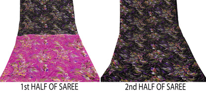 Indian Vintage Sari Pink & Black Printed Pure Silk Sarees 5yd Sewing Craft Fabric Floral Dress Making Soft Quilting Crafting Upcycle Used