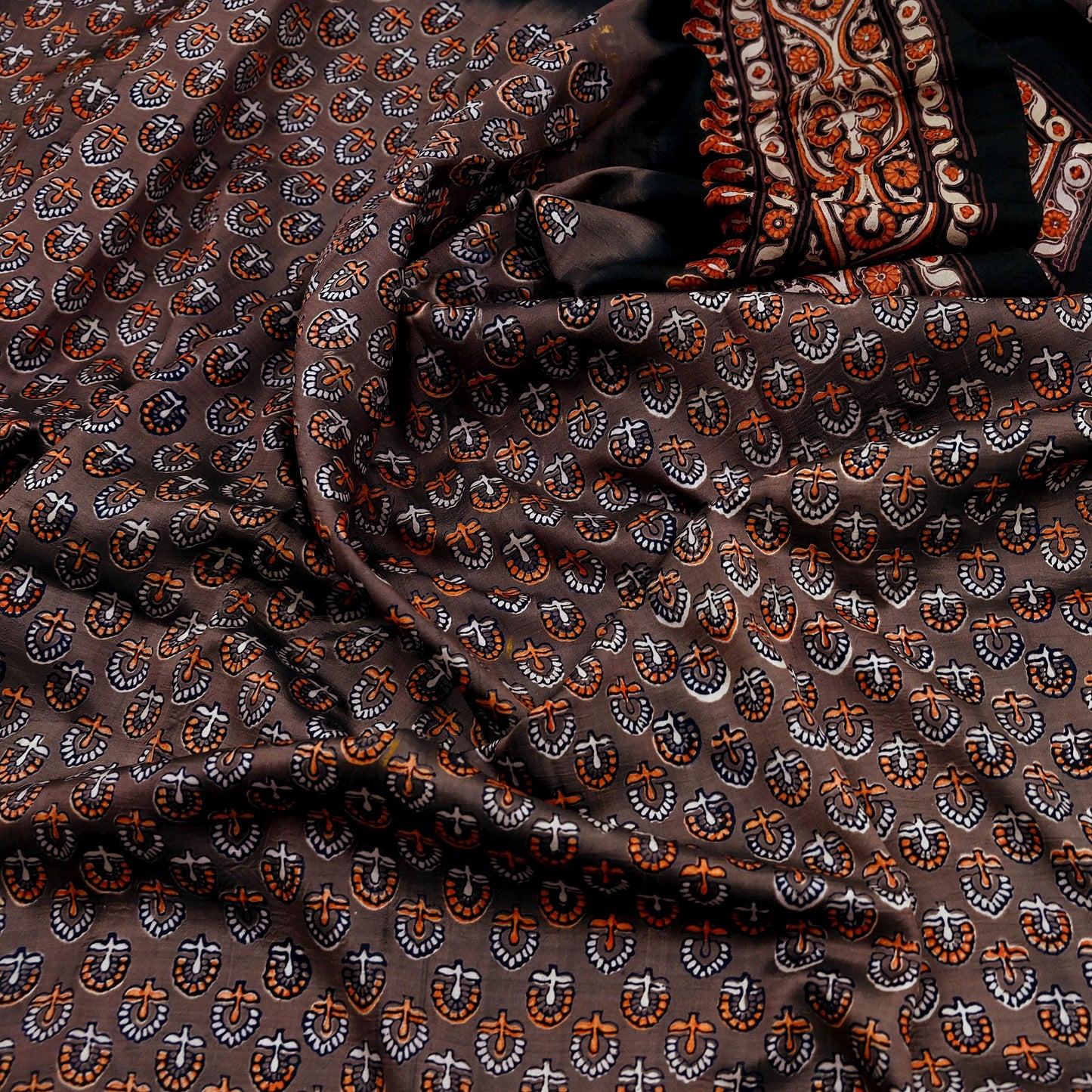 Indian Vintage Sari Brown & Black Pure Silk Printed Saree 5yd Sewing Craft Fabric DressMaking Soft Upcycle Crafting Quilting