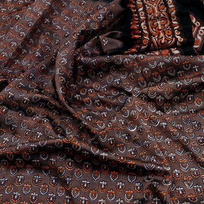 Indian Vintage Sari Brown & Black Pure Silk Printed Saree 5yd Sewing Craft Fabric DressMaking Soft Upcycle Crafting Quilting