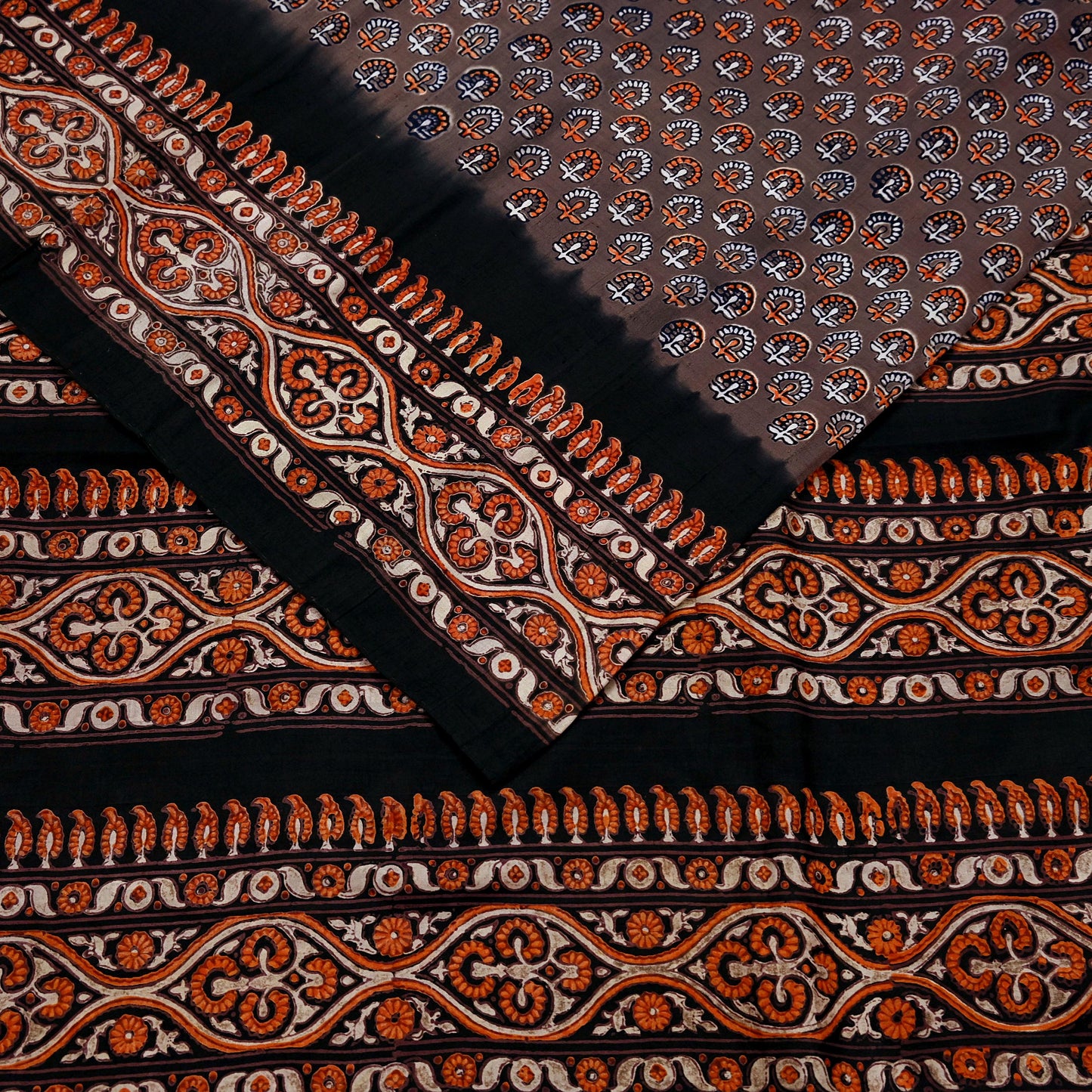 Indian Vintage Sari Brown & Black Pure Silk Printed Saree 5yd Sewing Craft Fabric DressMaking Soft Upcycle Crafting Quilting