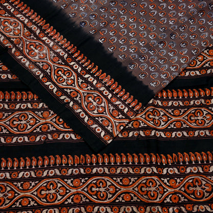 Indian Vintage Sari Brown & Black Pure Silk Printed Saree 5yd Sewing Craft Fabric DressMaking Soft Upcycle Crafting Quilting