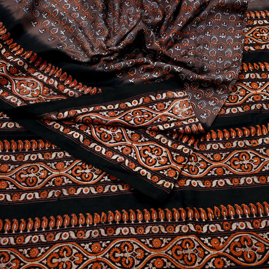 Indian Vintage Sari Brown & Black Pure Silk Printed Saree 5yd Sewing Craft Fabric DressMaking Soft Upcycle Crafting Quilting