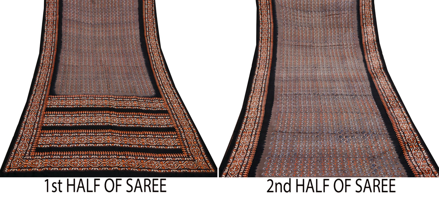 Indian Vintage Sari Brown & Black Pure Silk Printed Saree 5yd Sewing Craft Fabric DressMaking Soft Upcycle Crafting Quilting