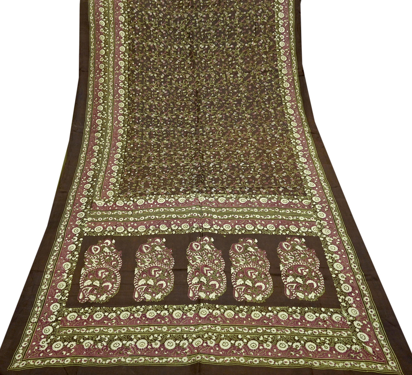 Indian Vintage Sari Brown Printed 100% Pure Silk Sarees 6yd Sewing Craft Fabric Soft Dress Making Wrap Floral Upcycle Quilting Crafting Used