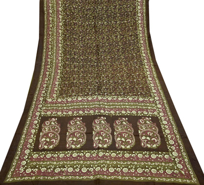 Indian Vintage Sari Brown Printed 100% Pure Silk Sarees 6yd Sewing Craft Fabric Soft Dress Making Wrap Floral Upcycle Quilting Crafting Used