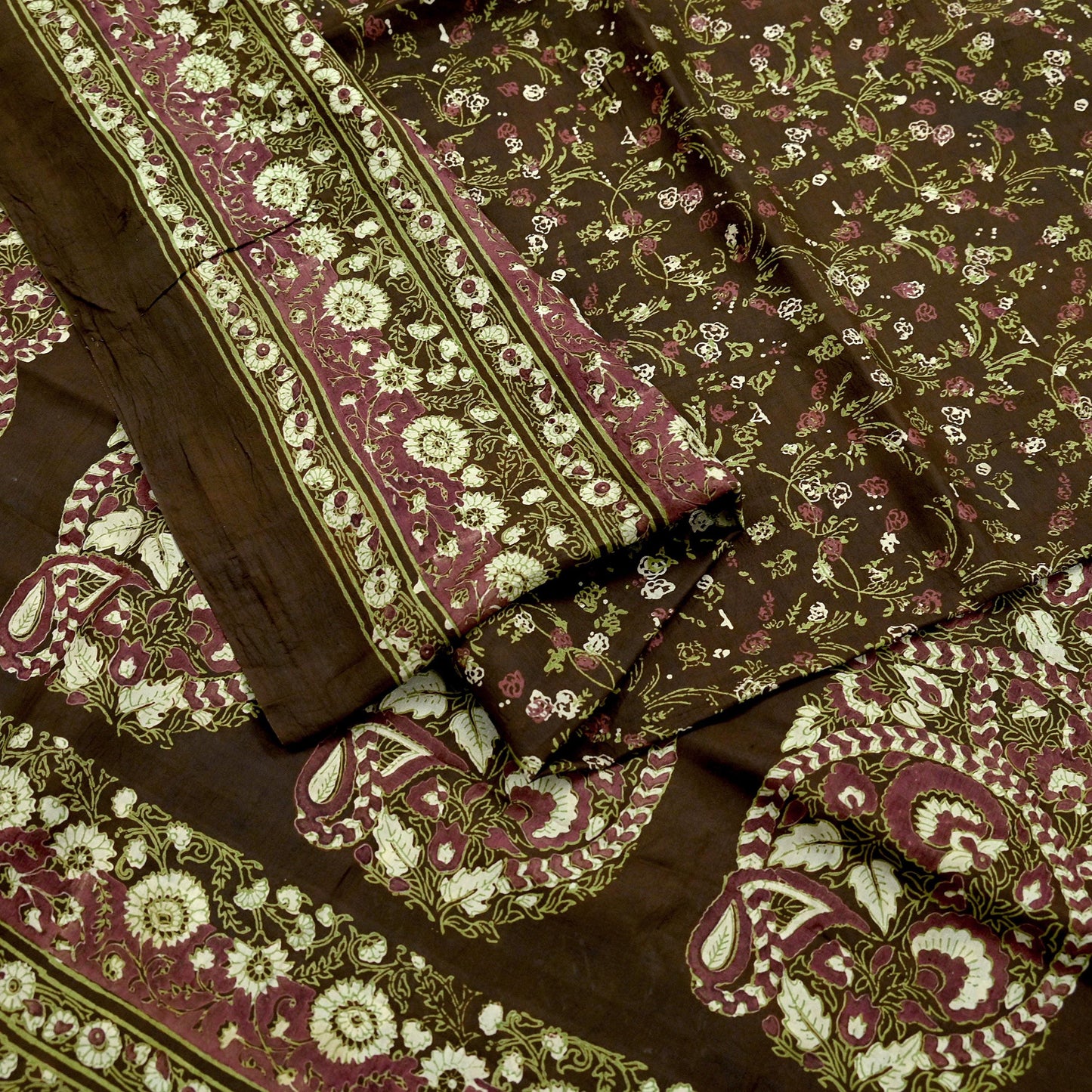 Indian Vintage Sari Brown Printed 100% Pure Silk Sarees 6yd Sewing Craft Fabric Soft Dress Making Wrap Floral Upcycle Quilting Crafting Used