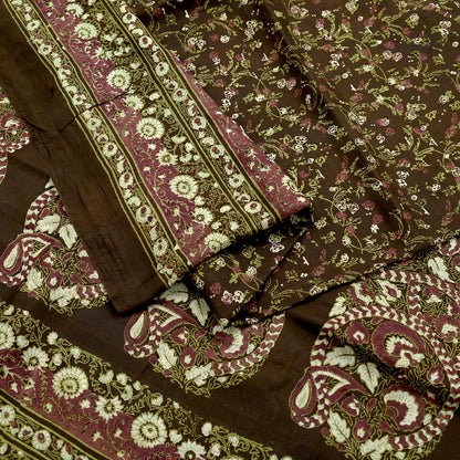 Indian Vintage Sari Brown Printed 100% Pure Silk Sarees 6yd Sewing Craft Fabric Soft Dress Making Wrap Floral Upcycle Quilting Crafting Used
