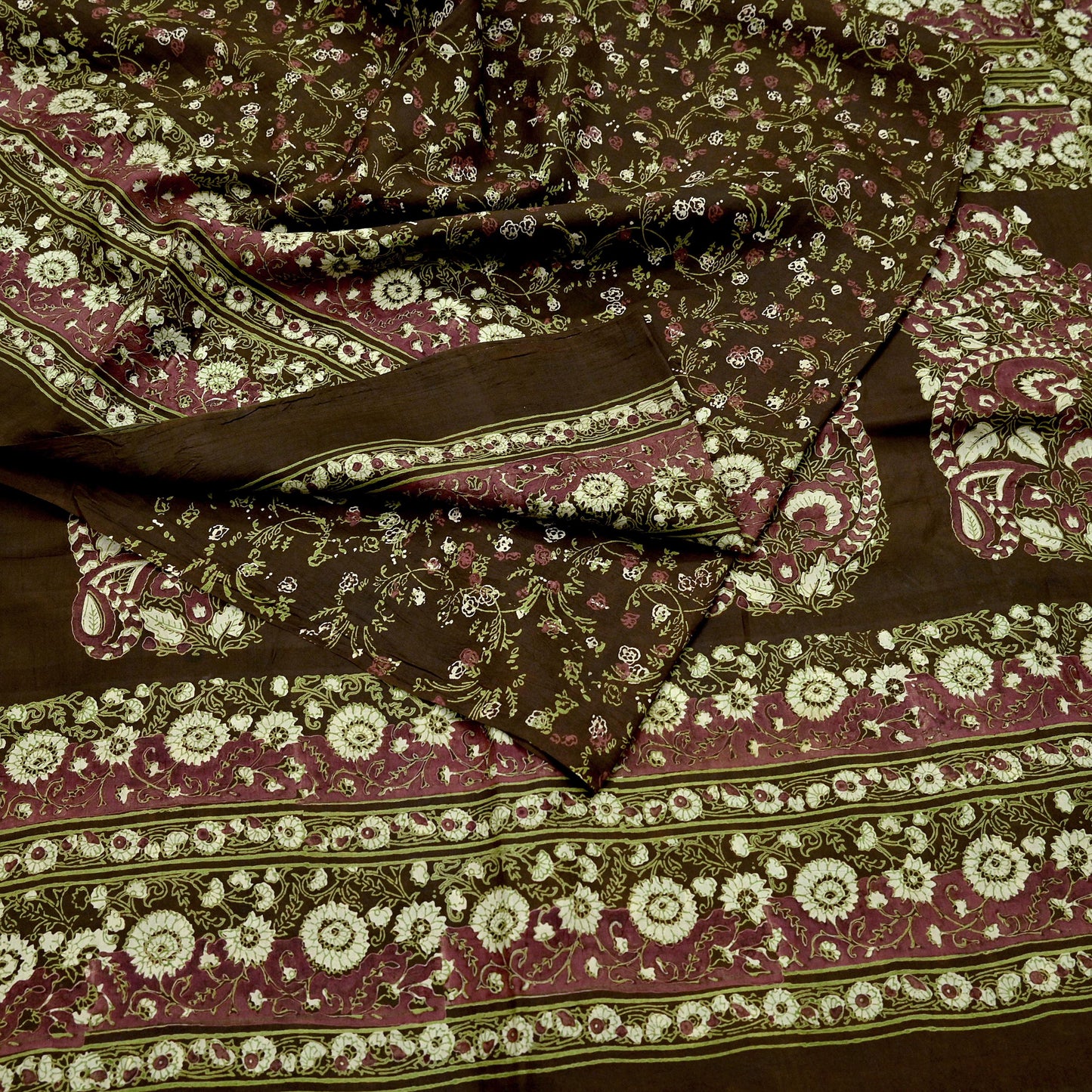 Indian Vintage Sari Brown Printed 100% Pure Silk Sarees 6yd Sewing Craft Fabric Soft Dress Making Wrap Floral Upcycle Quilting Crafting Used