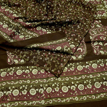 Indian Vintage Sari Brown Printed 100% Pure Silk Sarees 6yd Sewing Craft Fabric Soft Dress Making Wrap Floral Upcycle Quilting Crafting Used