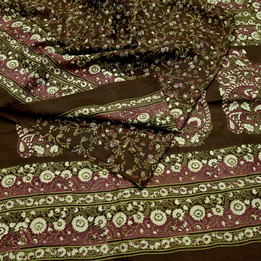 Indian Vintage Sari Brown Printed 100% Pure Silk Sarees 6yd Sewing Craft Fabric Soft Dress Making Wrap Floral Upcycle Quilting Crafting Used