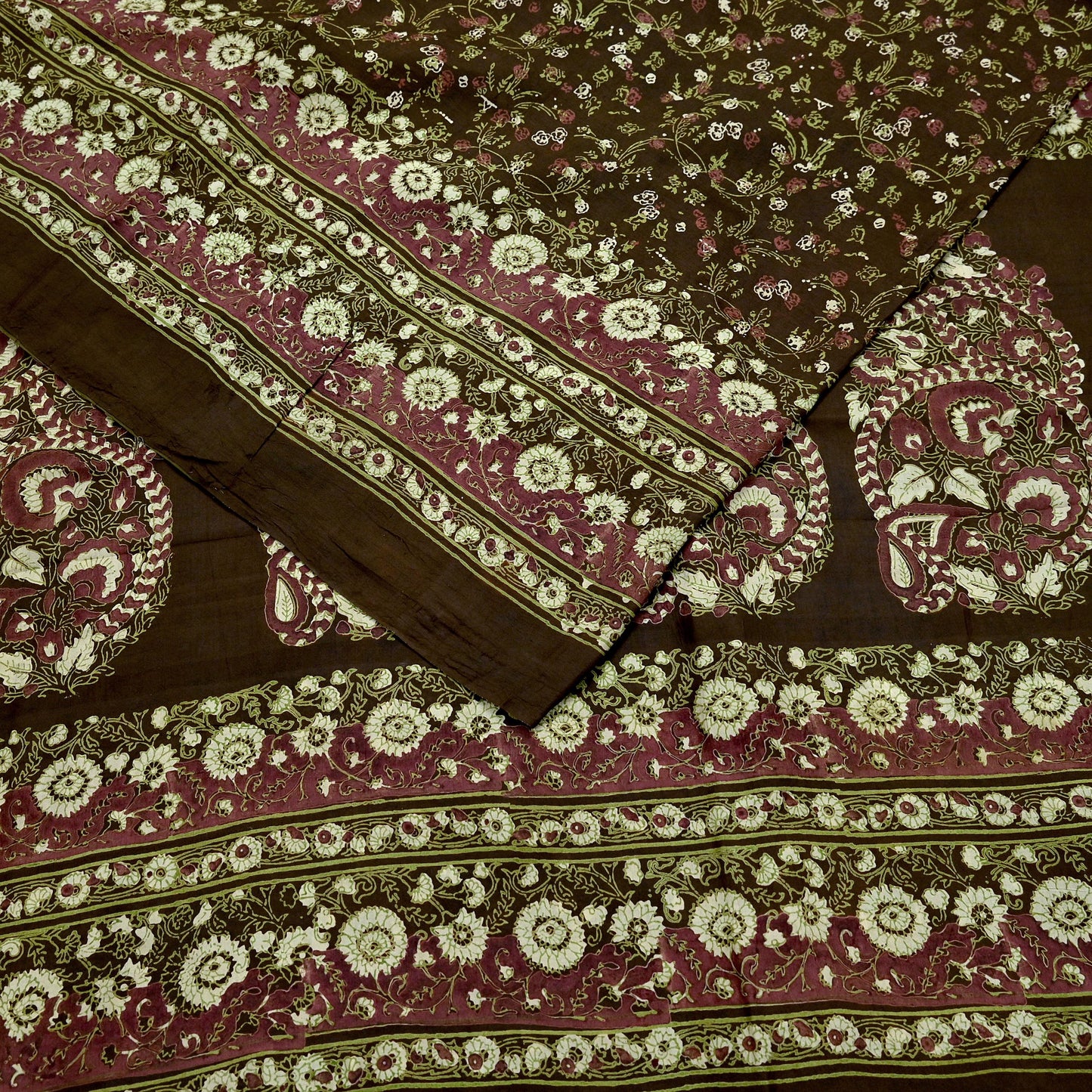 Indian Vintage Sari Brown Printed 100% Pure Silk Sarees 6yd Sewing Craft Fabric Soft Dress Making Wrap Floral Upcycle Quilting Crafting Used