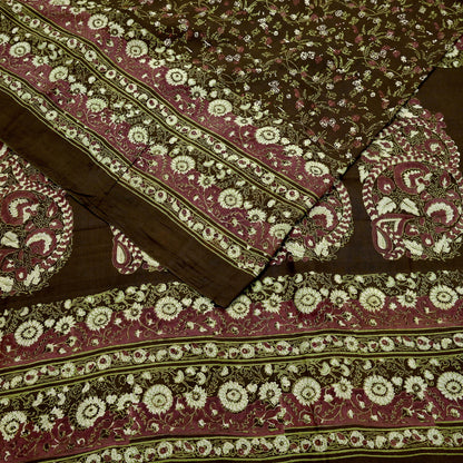 Indian Vintage Sari Brown Printed 100% Pure Silk Sarees 6yd Sewing Craft Fabric Soft Dress Making Wrap Floral Upcycle Quilting Crafting Used