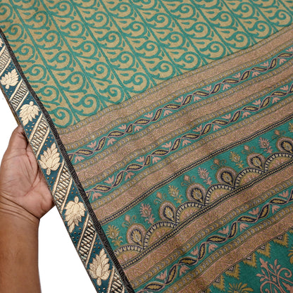 Indian Vintage Green & Beige Sarees Pure Woolen Woven Printed  Sari Soft Warm Craft Fabric 5Yd Woven Border Dress making Crafting Quilting