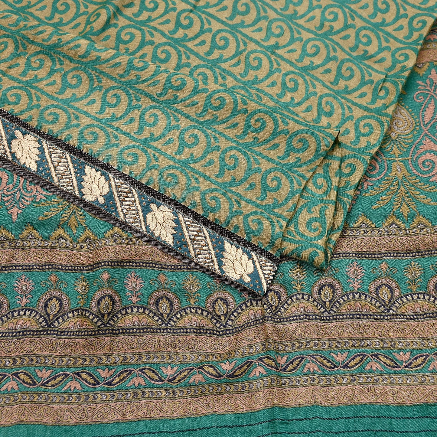 Indian Vintage Green & Beige Sarees Pure Woolen Woven Printed  Sari Soft Warm Craft Fabric 5Yd Woven Border Dress making Crafting Quilting