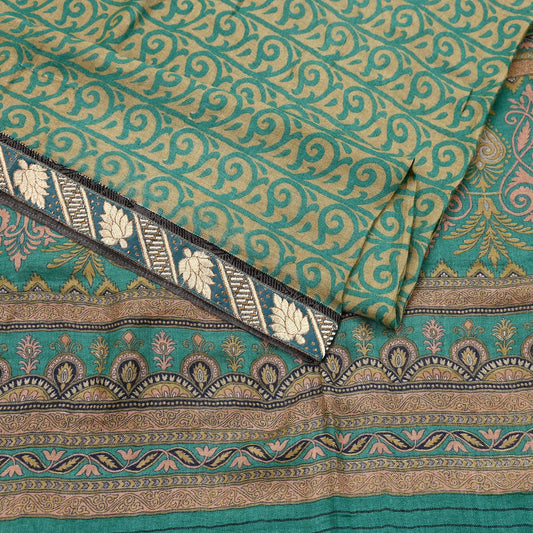 Indian Vintage Green & Beige Sarees Pure Woolen Woven Printed  Sari Soft Warm Craft Fabric 5Yd Woven Border Dress making Crafting Quilting