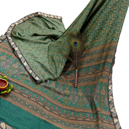 Indian Vintage Green & Beige Sarees Pure Woolen Woven Printed  Sari Soft Warm Craft Fabric 5Yd Woven Border Dress making Crafting Quilting