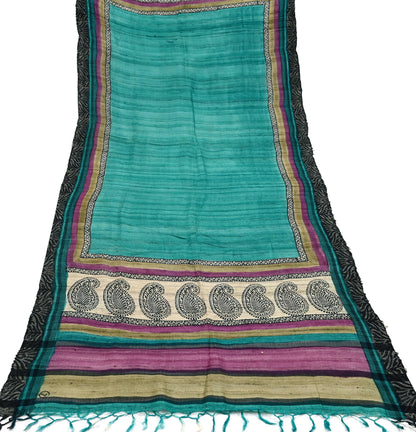 Indian Vintage Green Dupatta Long Stole 100% Pure Khadi Silk Hand Woven/ Printed Scarves Veil Scarf Wrap Hippie Fringes