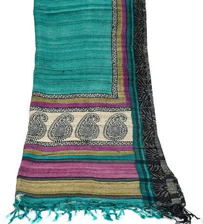 Indian Vintage Green Dupatta Long Stole 100% Pure Khadi Silk Hand Woven/ Printed Scarves Veil Scarf Wrap Hippie Fringes