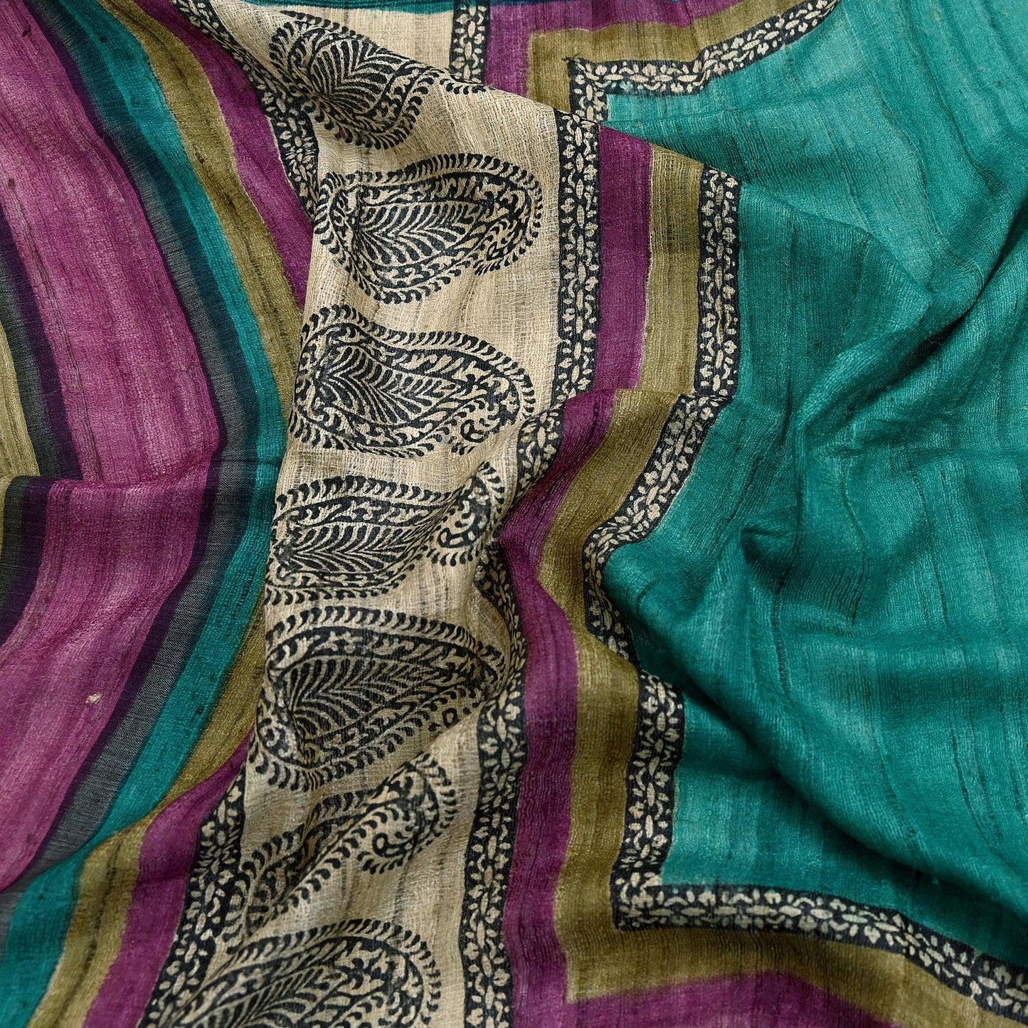 Indian Vintage Green Dupatta Long Stole 100% Pure Khadi Silk Hand Woven/ Printed Scarves Veil Scarf Wrap Hippie Fringes