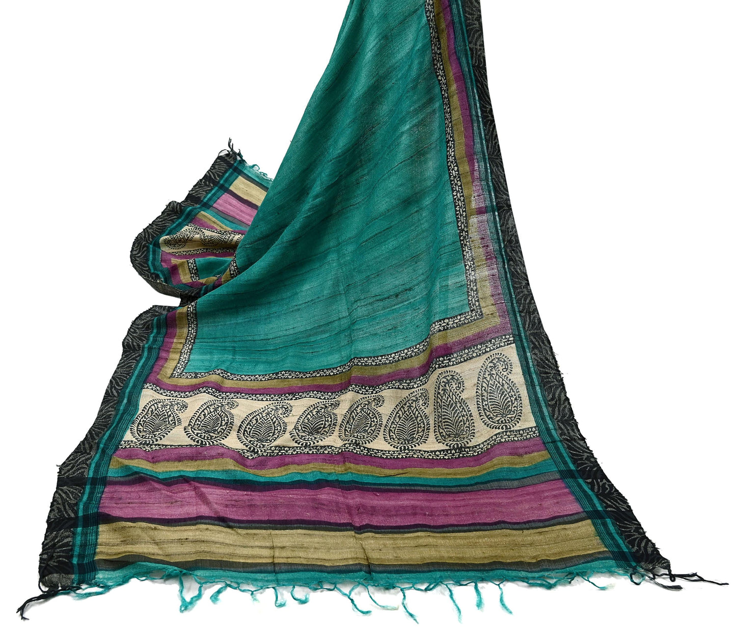 Indian Vintage Green Dupatta Long Stole 100% Pure Khadi Silk Hand Woven/ Printed Scarves Veil Scarf Wrap Hippie Fringes