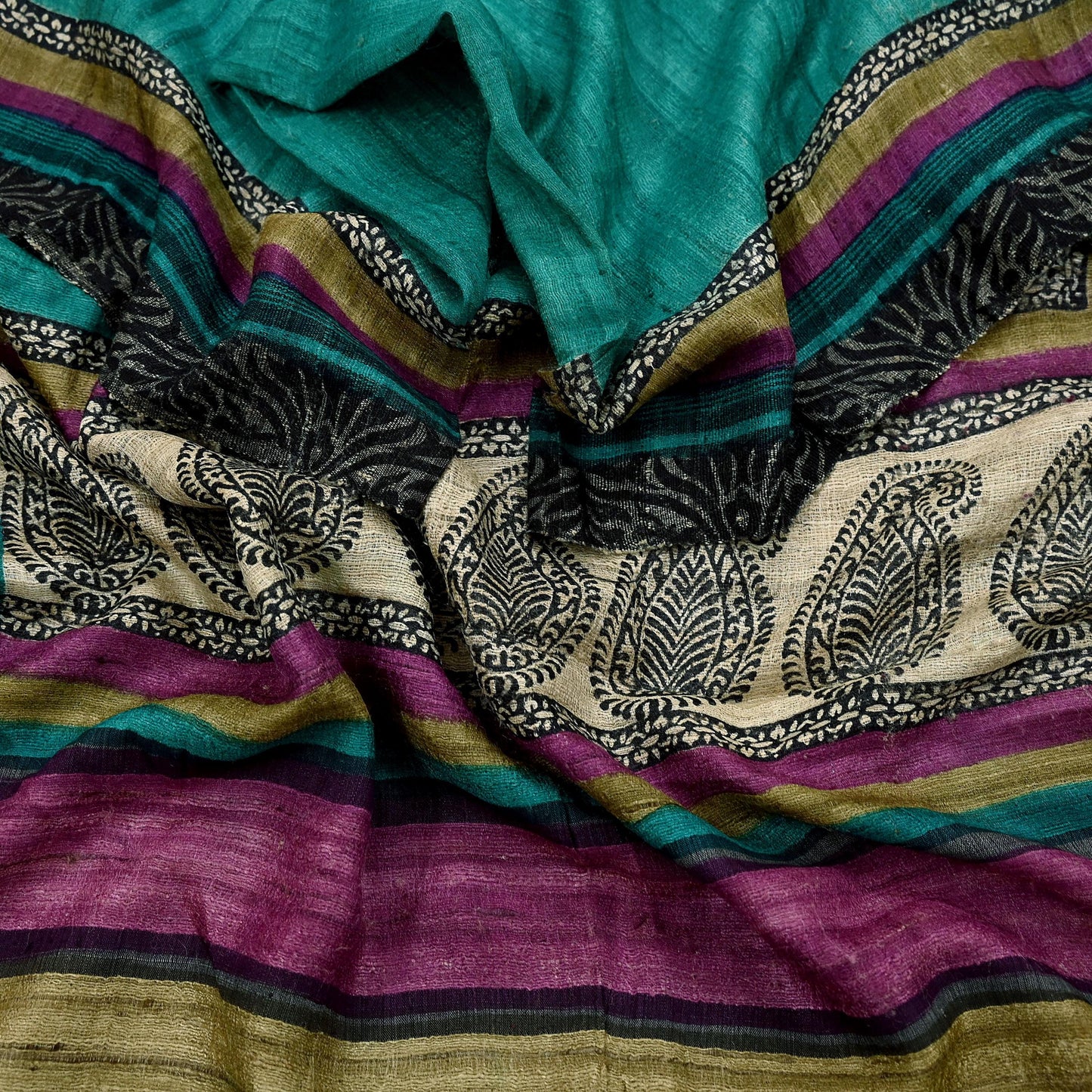 Indian Vintage Green Dupatta Long Stole 100% Pure Khadi Silk Hand Woven/ Printed Scarves Veil Scarf Wrap Hippie Fringes