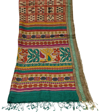 Indian Vintage Green & Beige Dupatta Long Stole 100% Pure Khadi Silk Hand Woven/ Printed Scarves Veil Scarf Wrap Hippie Fringes