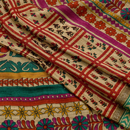 Indian Vintage Green & Beige Dupatta Long Stole 100% Pure Khadi Silk Hand Woven/ Printed Scarves Veil Scarf Wrap Hippie Fringes