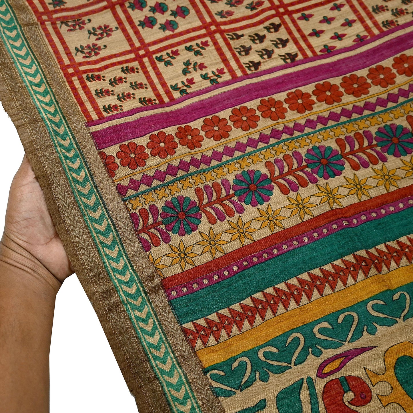 Indian Vintage Green & Beige Dupatta Long Stole 100% Pure Khadi Silk Hand Woven/ Printed Scarves Veil Scarf Wrap Hippie Fringes