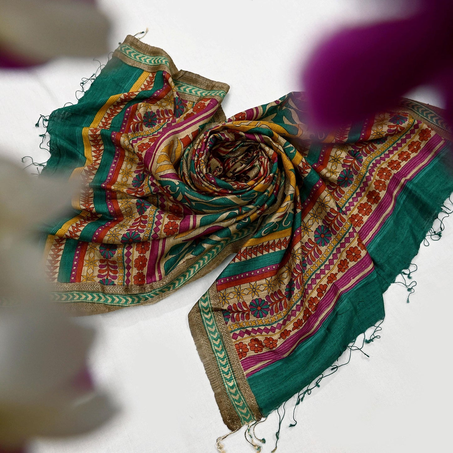 Indian Vintage Green & Beige Dupatta Long Stole 100% Pure Khadi Silk Hand Woven/ Printed Scarves Veil Scarf Wrap Hippie Fringes