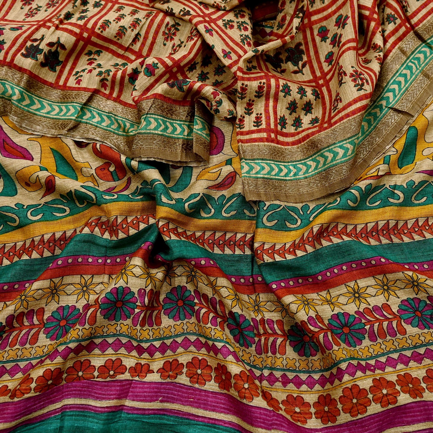 Indian Vintage Green & Beige Dupatta Long Stole 100% Pure Khadi Silk Hand Woven/ Printed Scarves Veil Scarf Wrap Hippie Fringes