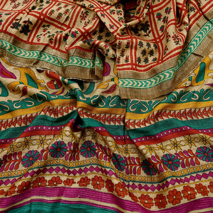 Indian Vintage Green & Beige Dupatta Long Stole 100% Pure Khadi Silk Hand Woven/ Printed Scarves Veil Scarf Wrap Hippie Fringes