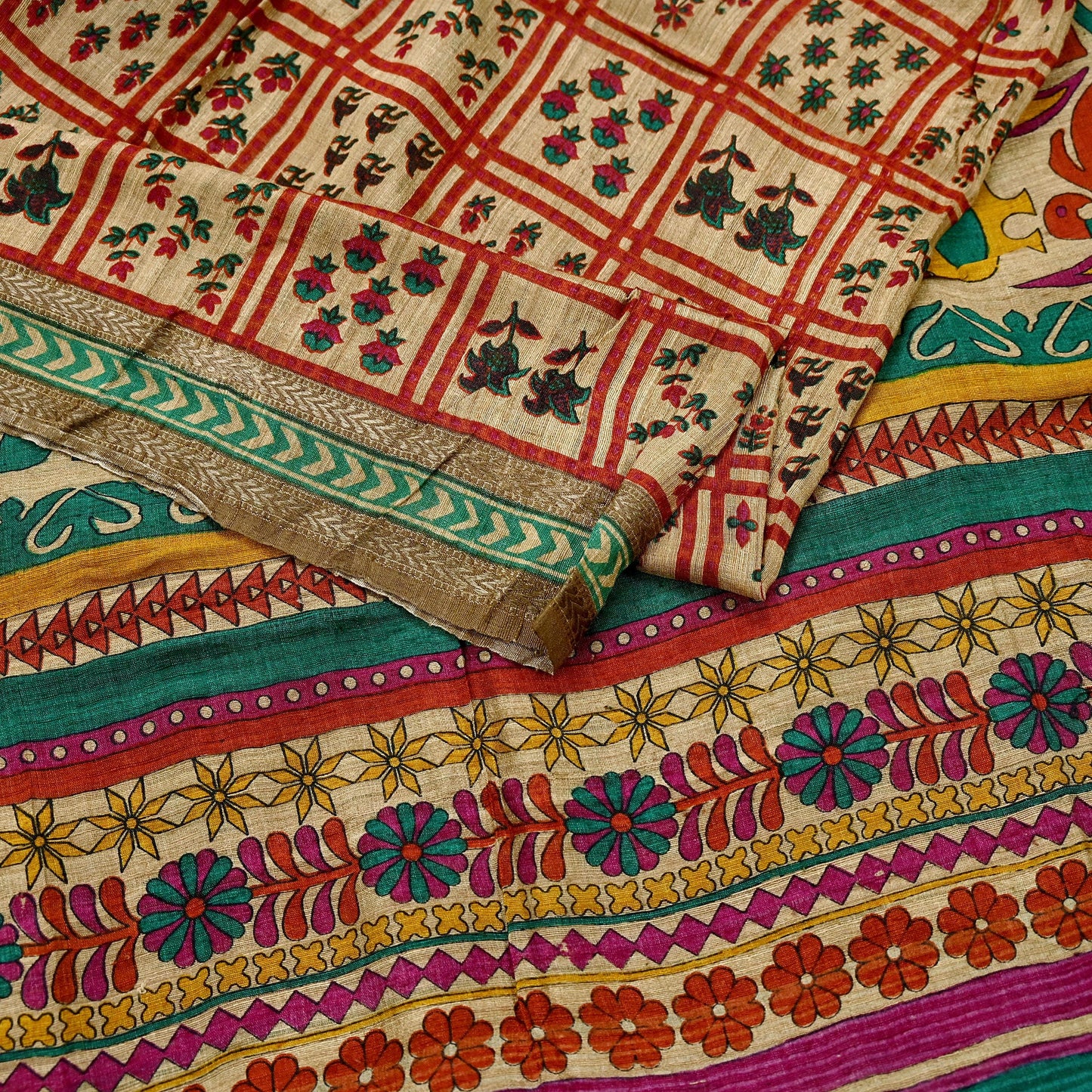 Indian Vintage Green & Beige Dupatta Long Stole 100% Pure Khadi Silk Hand Woven/ Printed Scarves Veil Scarf Wrap Hippie Fringes