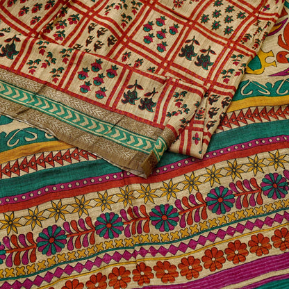 Indian Vintage Green & Beige Dupatta Long Stole 100% Pure Khadi Silk Hand Woven/ Printed Scarves Veil Scarf Wrap Hippie Fringes