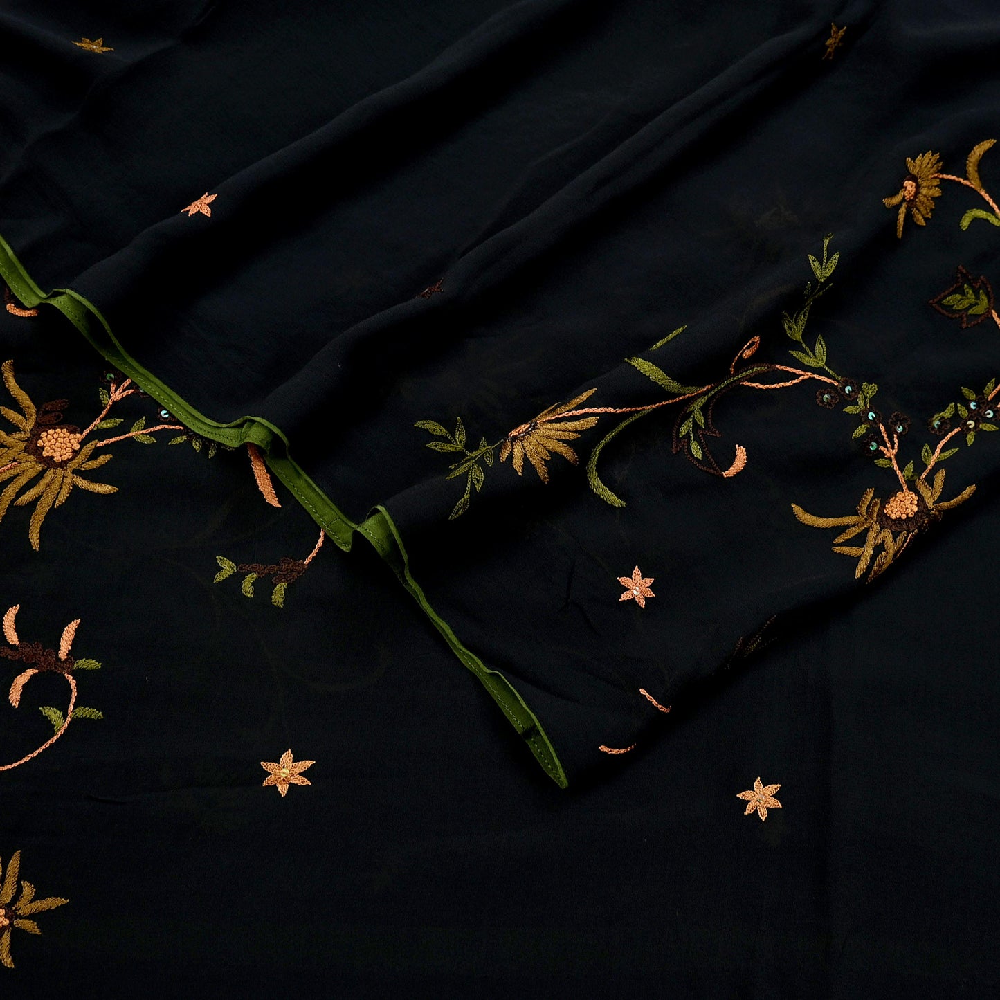 Indian Vintage Dupatta Black Pure Georgette silk Long Stole Hand Embroidered Scarves Stole Veil Wrap