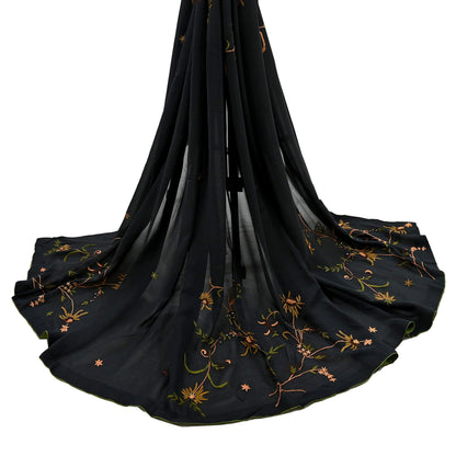 Indian Vintage Dupatta Black Pure Georgette silk Long Stole Hand Embroidered Scarves Stole Veil Wrap