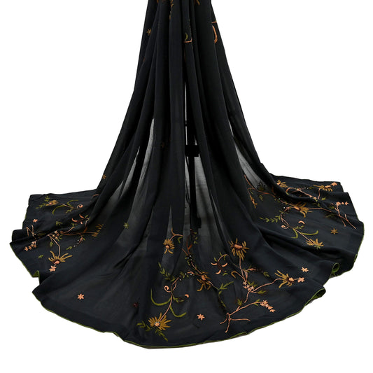 Indian Vintage Dupatta Black Pure Georgette silk Long Stole Hand Embroidered Scarves Stole Veil Wrap