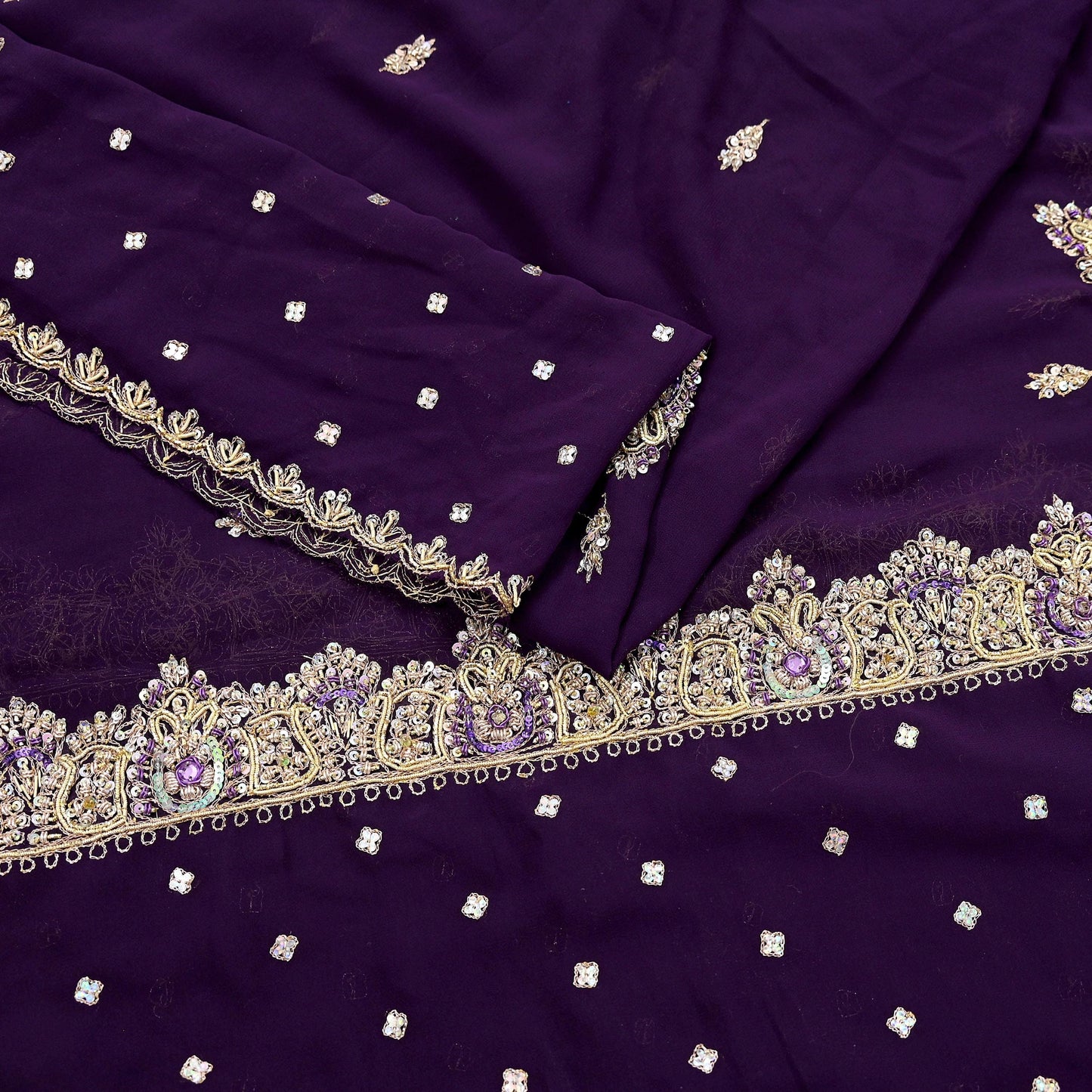 Indian Vintage Heavy Purple Dupatta Georgette Long Stole Hand Embroidered Scarf Zari Zardozi Wedding/Bridal Veil Hijab