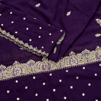 Indian Vintage Heavy Purple Dupatta Georgette Long Stole Hand Embroidered Scarf Zari Zardozi Wedding/Bridal Veil Hijab