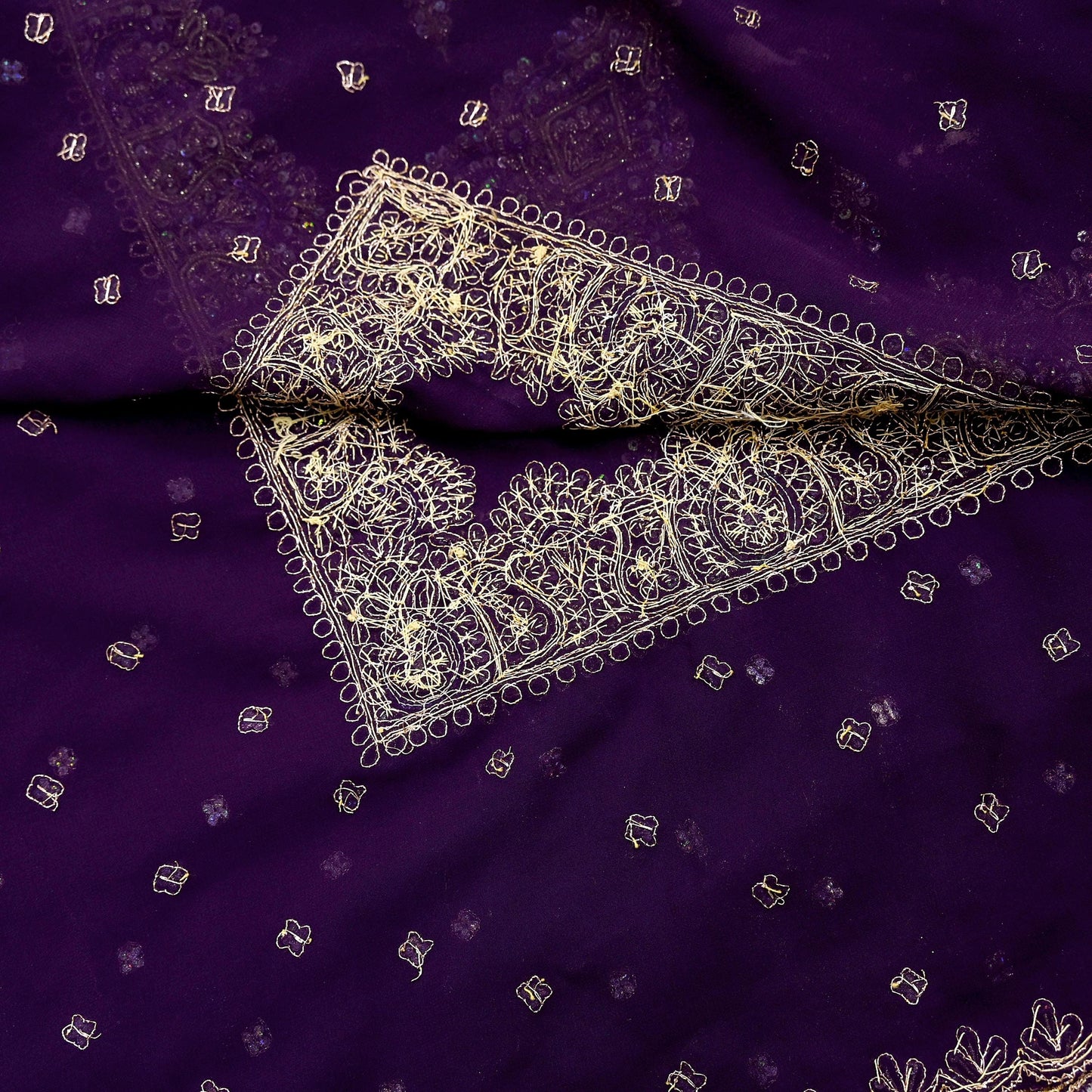 Indian Vintage Heavy Purple Dupatta Georgette Long Stole Hand Embroidered Scarf Zari Zardozi Wedding/Bridal Veil Hijab