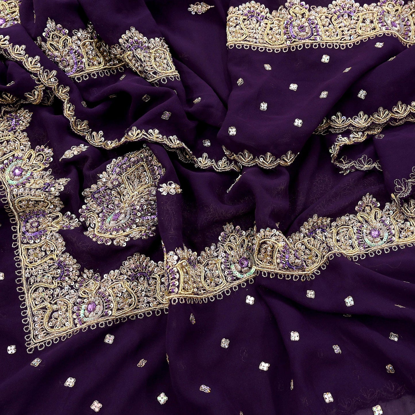 Indian Vintage Heavy Purple Dupatta Georgette Long Stole Hand Embroidered Scarf Zari Zardozi Wedding/Bridal Veil Hijab